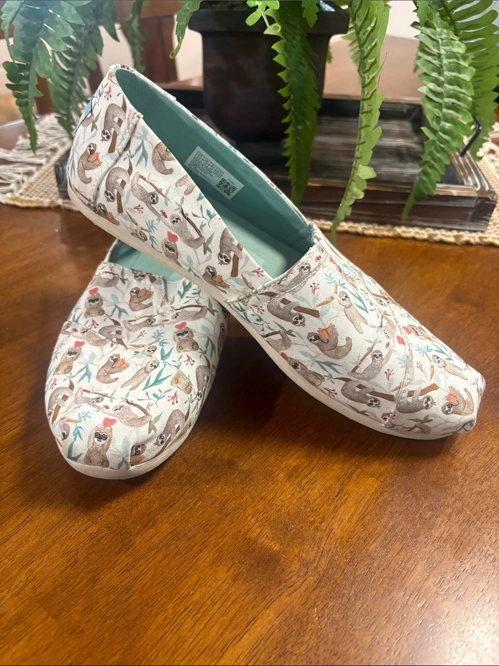 Toms Slip-On Flats in Cream with Teal Insole and Sloth Print